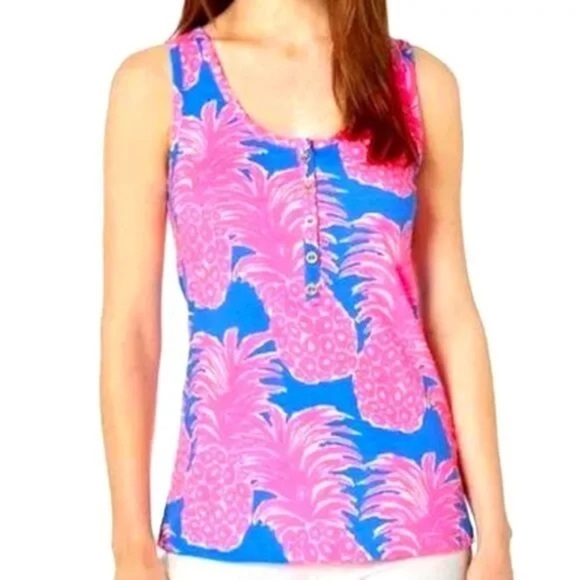 LILY PULITIZER Merrill Tank Top in Blue Haven Little Flamenco Pineapple - Picture 2 of 7